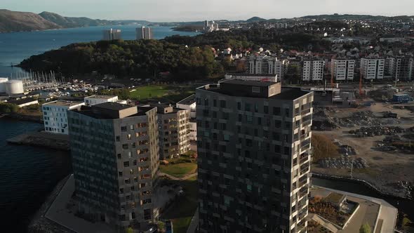 Aerial view of modern building by the sea with opening horison in Stavanger city of Norway alt
