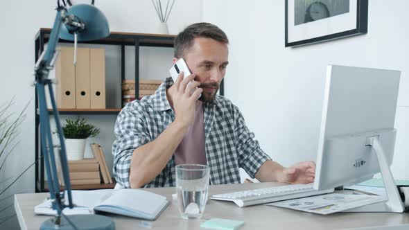 Remote Worker Using Pc and Calling on Mobile Phone While Naughty Daughter Screaming and Running alt