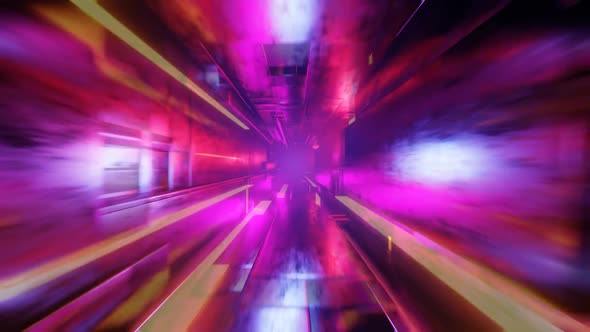 Abstract portal. Geometric tunnel. Moving through neon lights. Sci-fi transportation.