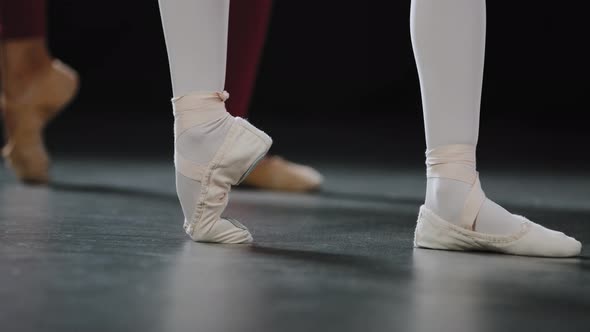 Two Pairs of Female Legs on Floor on Performance Stage in Dance Class Studio Do Ballet Exercises alt