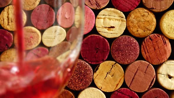 Pouring wine into a glass against the background of wine corks.	