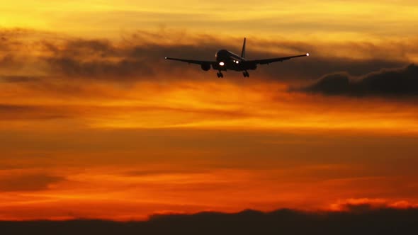 Airplane silhouette in the night sky