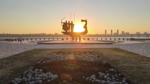 Symbol of Kyiv - a Monument To the Founders of the City in the Morning at Dawn. Ukraine. Aerial alt