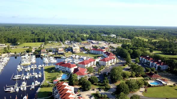 Aerial view or vacation condominiums near intercoastal marina in South Carolina alt