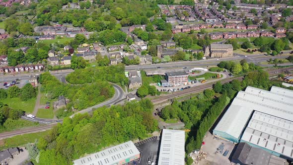 Aerial footage of the town centre of Dewsbury in West Yorkshire in the UK