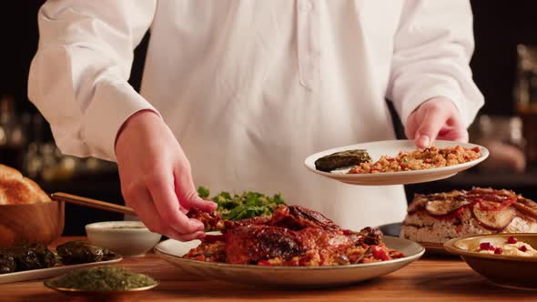Eating Kabsa Maqluba Dolma Tabbouleh Closeup Rice and Meat Dish Middle Eastern National Traditional alt