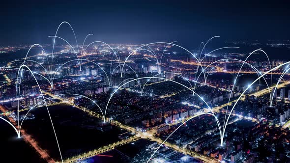 smart Connected city skyline. Futuristic network concept, city Technology. alt