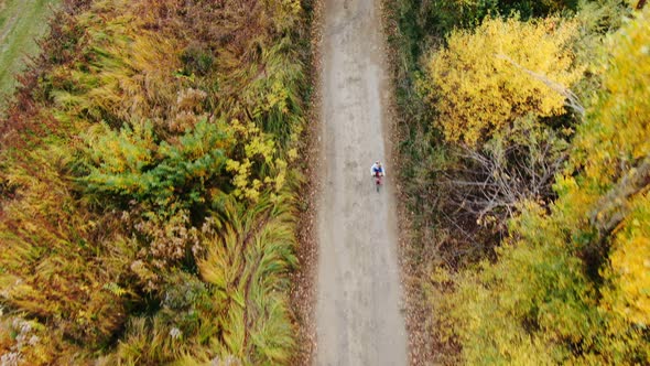 Aerial Drone View Girl Rides Bicycle on Countryside Road