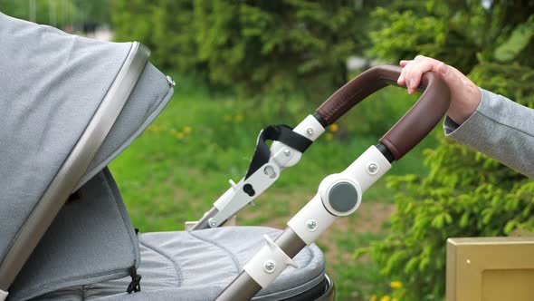 Mother Rocks Stroller with Baby Sitting on Bench in Park alt