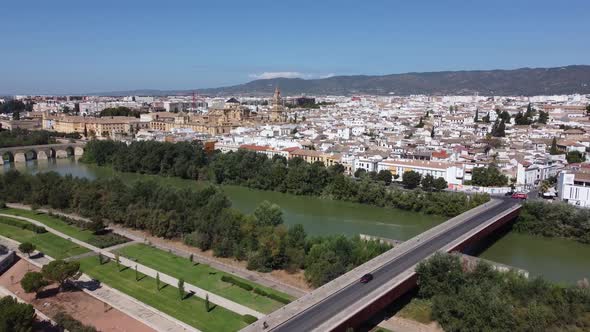Aerial view of the old medieval city of Cordoba in Andalusia, Spain during a sunny day