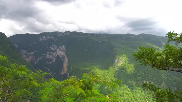 Flying between trees revealing the landscape of Sumidero canyon