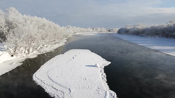 Winter Landscape: Beautiful View of Kamchatka River. Russian Far East, Eurasia