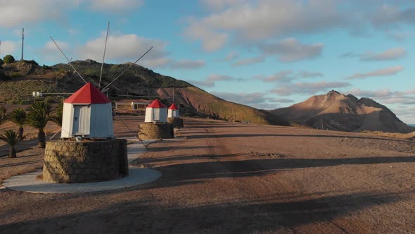 Characteristic red and white windmills in Porto Santo. Ground level forward alt