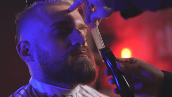 Man Hairdresser Doing Haircut Beard Adult Men in the Men's Hair Salon alt