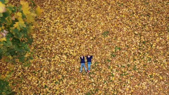Aerial viev Happy Children Lying On Autumn Fallen Leaves in the Park.