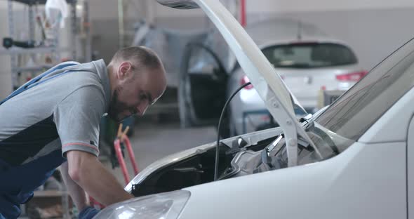 Professional mechanic repairing a car in the garage
