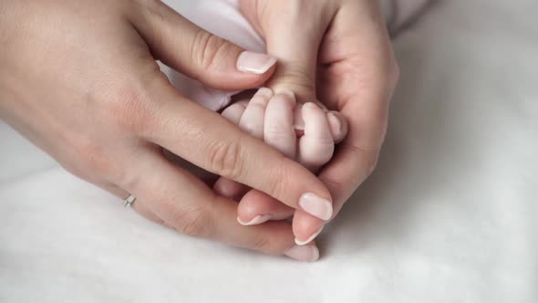 Close Up of Mothers Tender Palms Hold Little Cute Hand of Newborn Baby