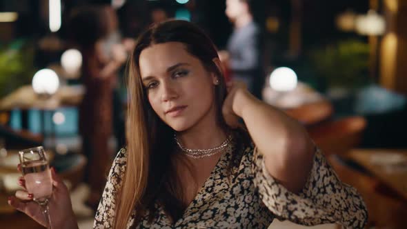 Attractive Woman Dancing Sexy on Friends Party in Fancy Restaurant Night Bar alt