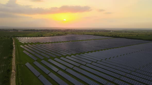 Aerial View of Large Sustainable Electrical Power Plant with Rows of Solar Photovoltaic Panels for alt