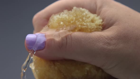 Woman Hand with a Natural Bath Sponge Squeeze It