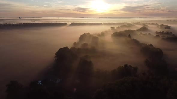 Morning Sunlight Through the Fog That Stretched Through the Valley Between the Trees in the Village. alt