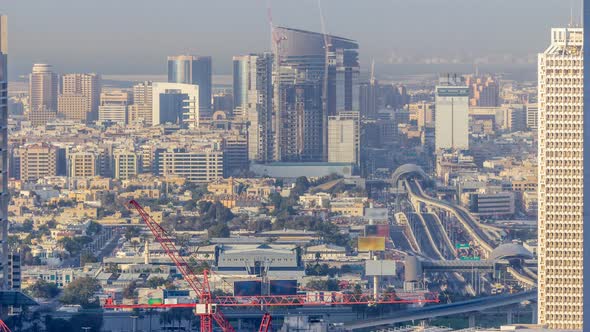 Skyline View of the Buildings of Sheikh Zayed Road and DIFC Timelapse in Dubai UAE alt