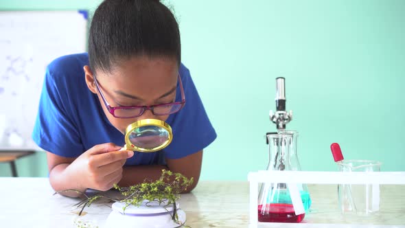 Young African American Kid Using Magnifying Glass in Chemistry and Biology Classroom Lab Experiment alt