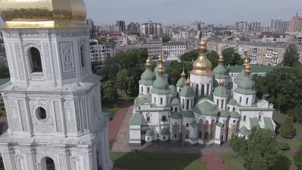 Kyiv. Ukraine: Saint Sophia's Cathedral in Kyiv. Aerial View, Slow Motion, Flat, Gray alt
