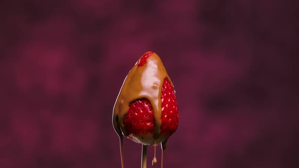 A Stream of Melted Milk Chocolate Pours Over Ripe Juicy Strawberries alt