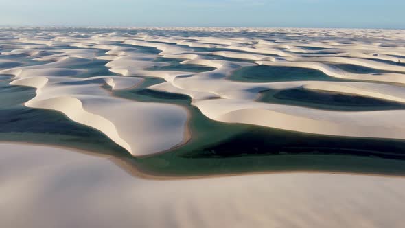 Brazilian landmark rainwater lakes and sand dunes. Lencois Maranhenses Brazil. alt