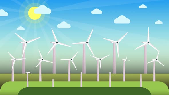 Windmills are spinning on a greenfield on a sunny day 4K animation