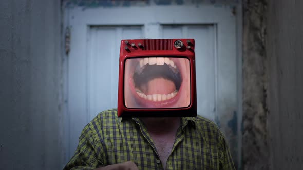 Man with Old TV instead of Head and Open Mouth at Dentist on Screen. 4K Version.