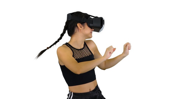 Girl playing virtual reality dancing game Experienced dancer alt