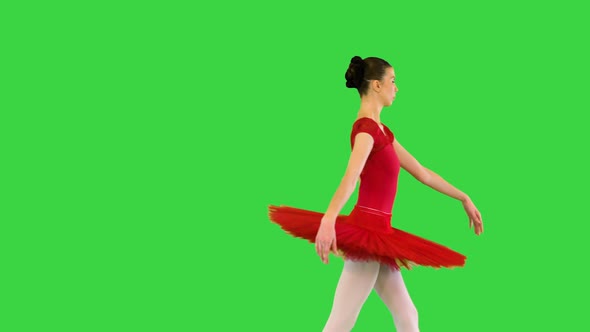 Young Ballerina in Classical Tutu Walks Demipointe on a Green Screen Chroma Key alt