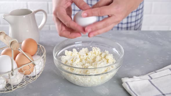 Cooking cottage cheese pancakes, syrniki. Preparation of dough, cooking pastry.