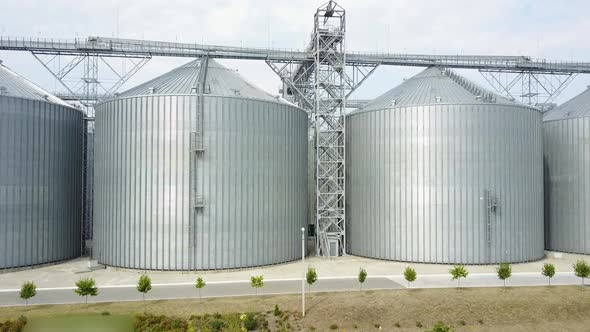 Aerial view. Plant for storage and processing of grain. Metal Grain Elevator alt