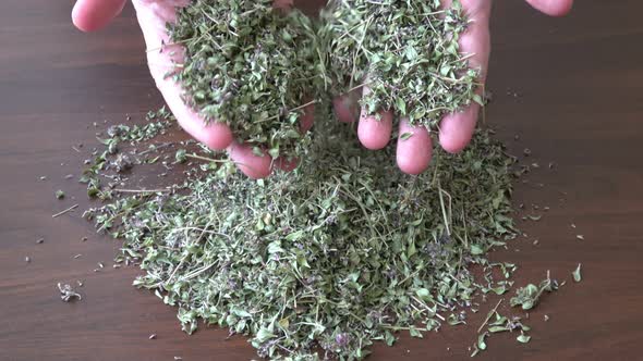 Herbal tea. Heap of dried wild thyme flowers