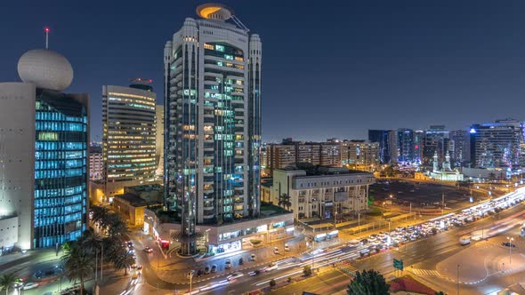 Dubai Creek Area Surrounded By Modern Buildings and Busy Traffic Street Night Timelapse alt