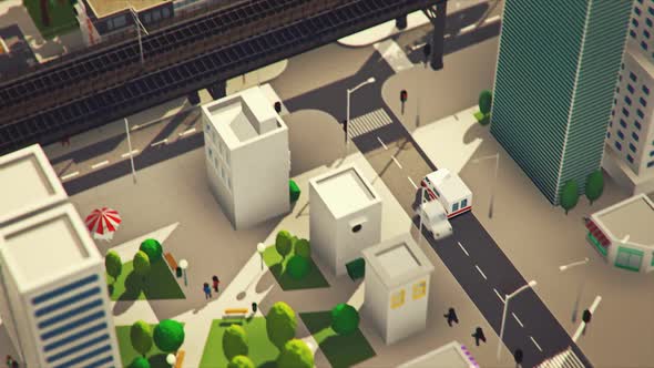 Aerial view of the low poly cityscape. An ambulance is driving to the hospital. alt