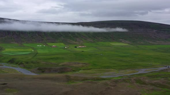 Iceland. Aerial view on mountain, field and river. Landscape in Iceland at the day time alt