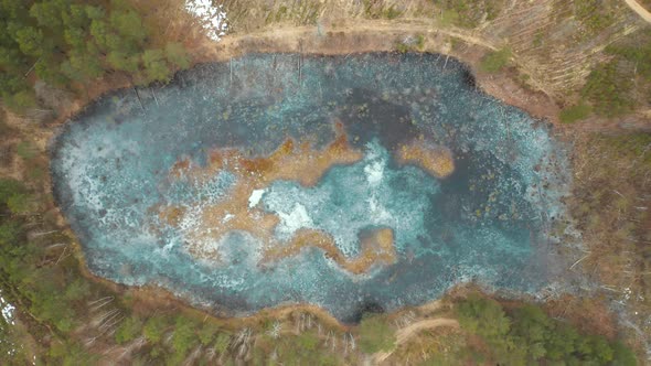 AERIAL: Frozen Blue Water Pond in Forest in Lithuania Wilderness alt