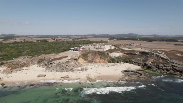 Aerial orbit Nossa Senhora da Queimada fortress at Alentejo Southwest coast