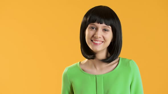 Portrait of Vogue Girl 20s in Oldfashioned Outfit Laughing Out Loud with Perfect Fascinating Smile alt