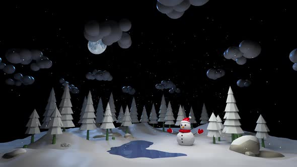 Children's animation of the Christmas forest with a snowman.
