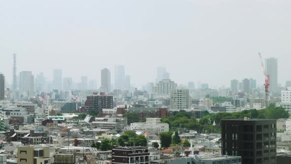 Panoramic Tokyo skyline on an overcast day with smog, view from Ikebukuro, Toshima City. alt