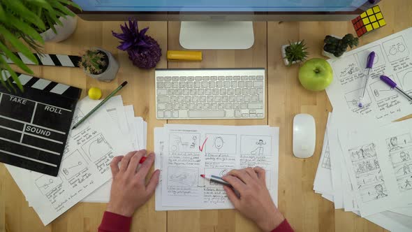 Man Working At Table, Creating Video Storyboard Flat Lay alt