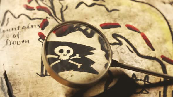 Funny hand-drawn ancient map with animated cartoon and magnifying glass. alt