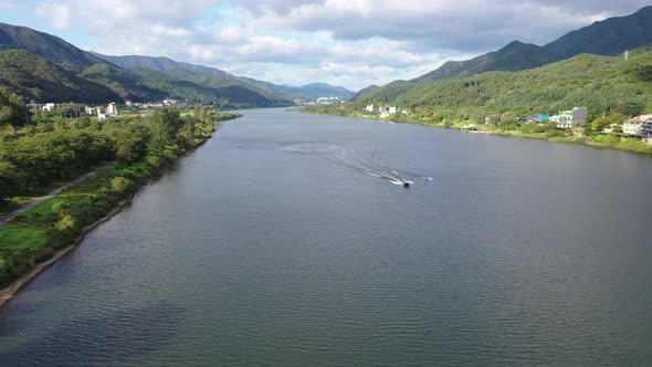 4K Aerial Drone Footage View of Jet skiing in Han River alt