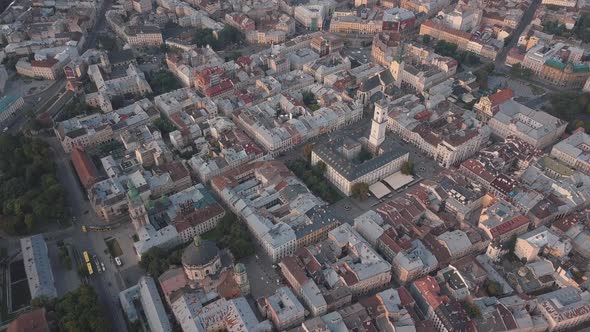 Aerial City Lviv, Ukraine. European City. Popular Areas of the City. Town Hall alt
