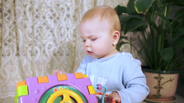Concentrated Baby Sits at Home and Plays with Developing Cube